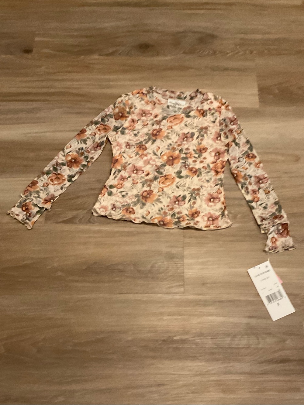 NWT Rare Editions Floral Sheer Long-Sleeve Top in Cream, Orange and Pink